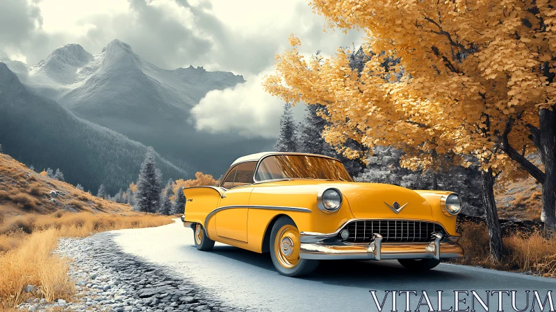 Photoreal classic car on alpine road with autumn foliage focus.