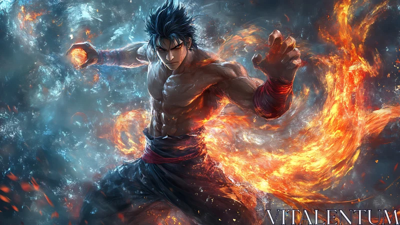 Fiery martial artist channels elemental energy in dynamic stance