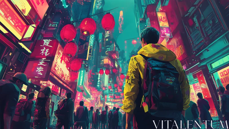 Neon lanterns escort a lone traveler through electric alleys