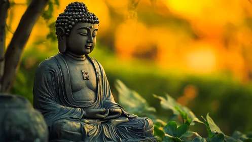 Buddha garden statue in soft golden evening light.