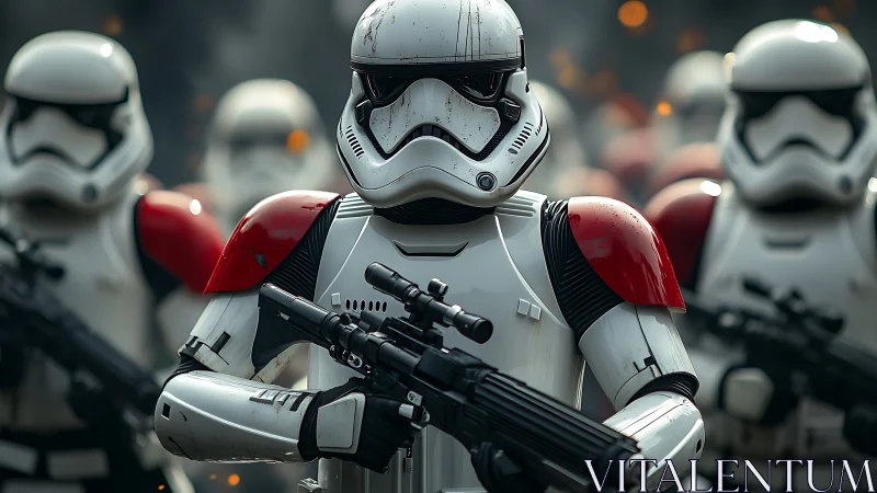 Armored sci fi trooper squad with rifles in battlefield haze