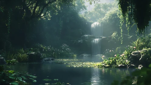 Lush forest pond with layered waterfall in soft light.