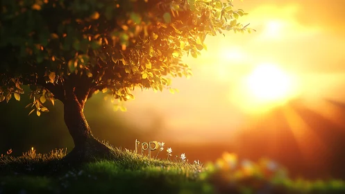 Digital painting of sunlit tree with hopeful typographic ground plane.
