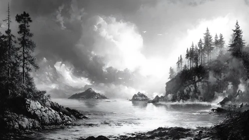 Monochrome Wilderness: Mist-Shrouded Island Serenity.