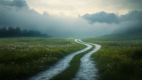 Curving dirt path winds through misty green meadow at dawn