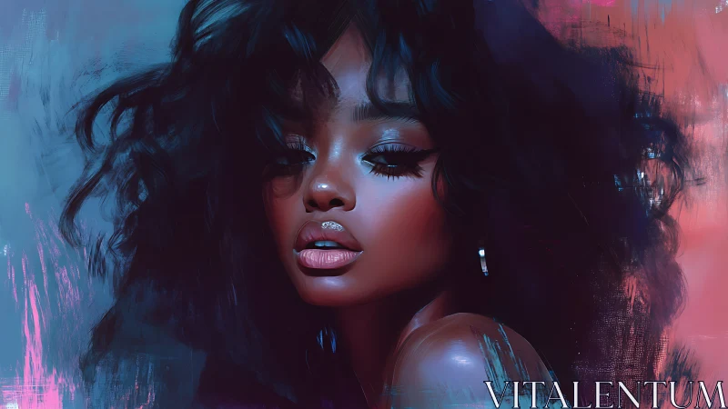 Velvety portrait in neon dusk hues with expressive gaze.