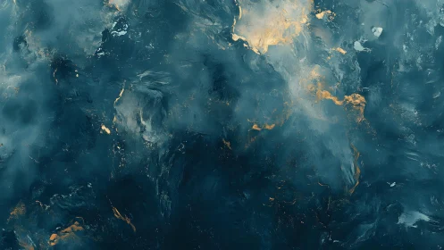 Abstract blue and gold fluid painting with ethereal, dreamy texture.