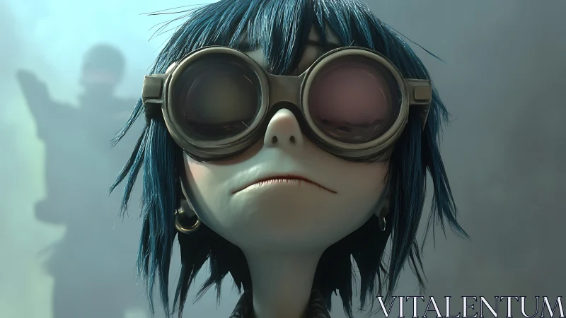 Goggles cradle a dreamer drifting through bluish battlefield haze