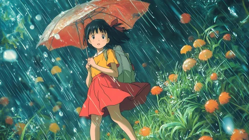 Rain-drenched garden pauses as a wandering girl drifts through