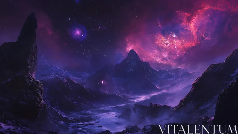 Nebula-crowned alien peaks under ultraviolet cosmic tide.