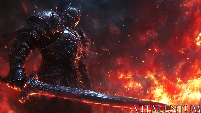 Infernal greatsword knight in molten-black plate amid conflagration