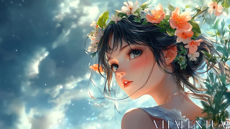 Floral crowned girl gazes back under luminous summer sky.