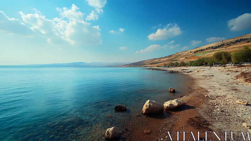 Coastal lake shoreline curves beneath expansive cyan sky
