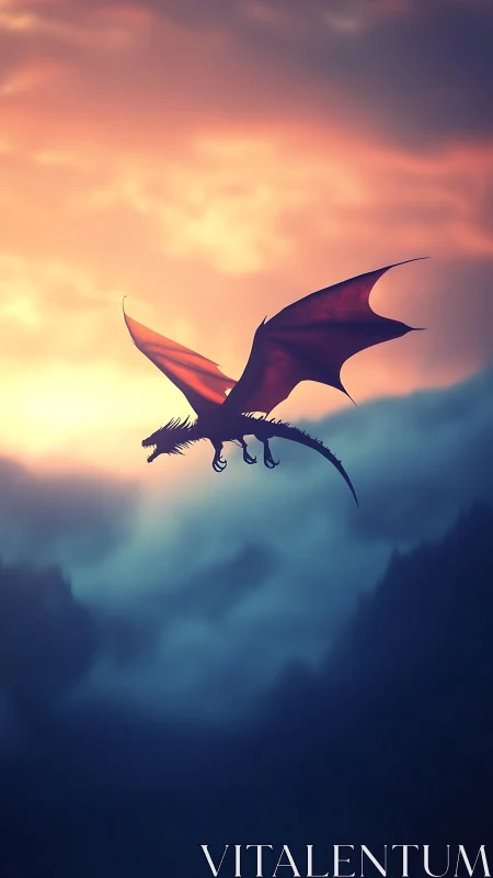 Lone dragon soars over misty mountains at burning dusk
