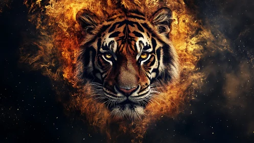 Fiery digital tiger portrait in blazing cosmic smoke.