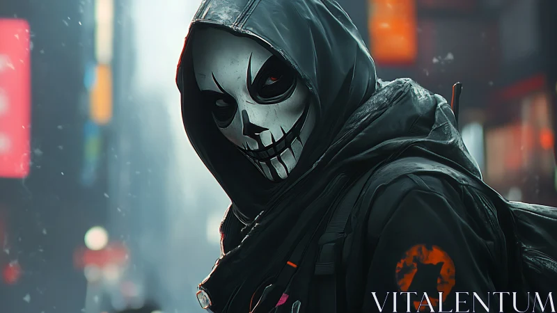 Hooded skull-masked figure moves through neon city haze