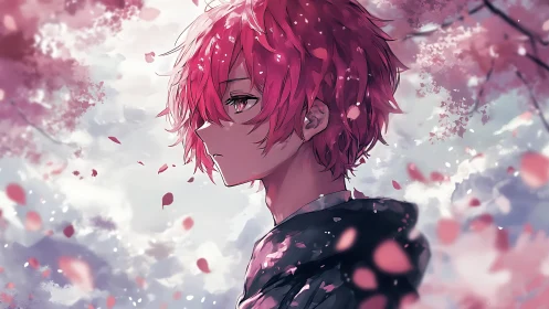 Melancholic side-profile anime boy amid drifting sakura petals
