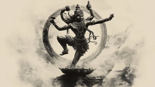 Shiva Nataraja bronze sculpture rises through swirling mist