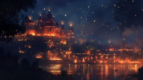 Illuminated Historic Temple City Reflected in Water at Night.