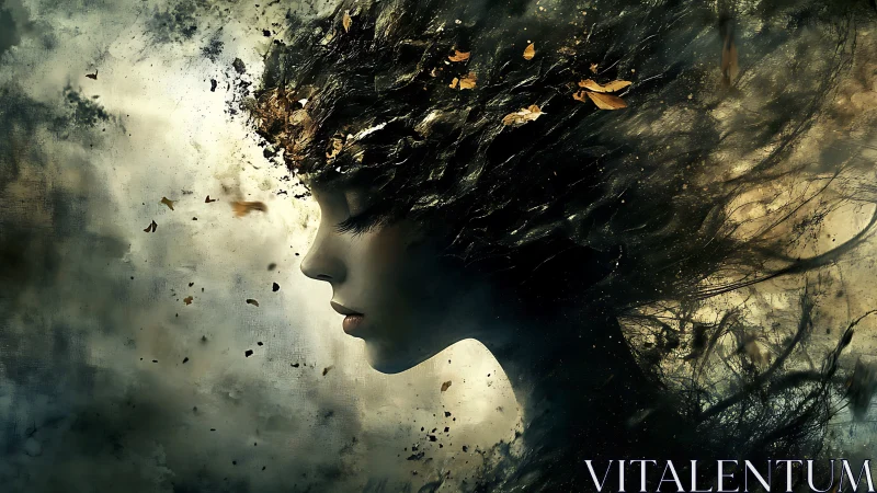 Digital painting profile portrait with dissolving foliage veil.