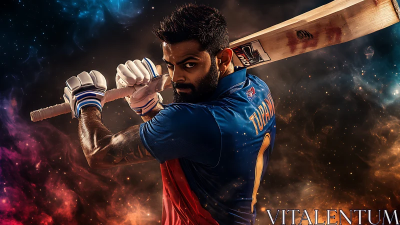 Cricket batter holds his shot strong against a glowing cosmic sky