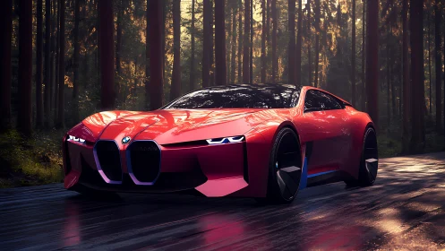 Low-slung red BMW concept coupe with aggressive aero in wet forest