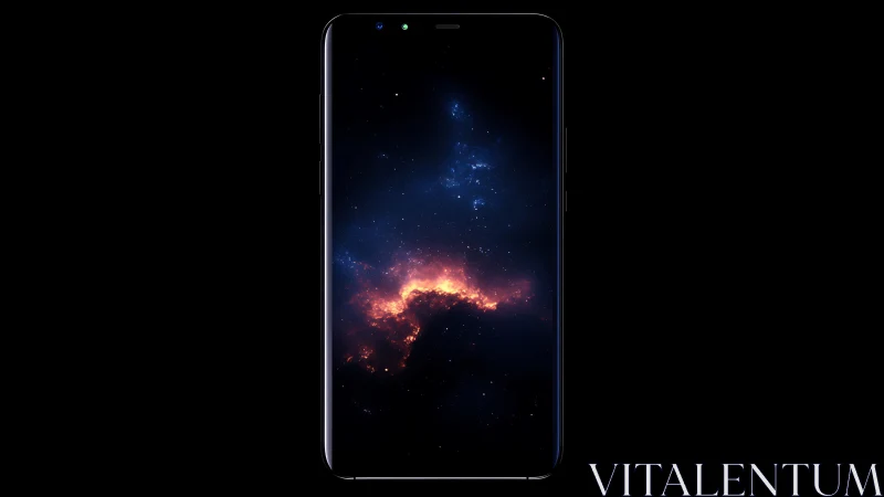 Smartphone displaying cosmic nebula wallpaper with stars.