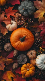 Autumn pumpkins rest among vivid leaves and pinecones.
