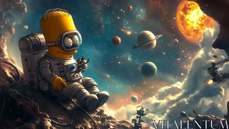 Cartoon astronaut drifts through a glowing, whimsical cosmos