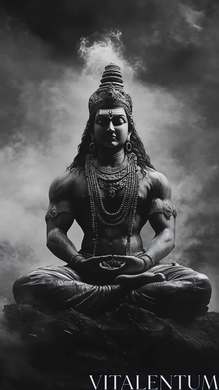 Monochrome Shiva sculpture in meditative atmospheric chiaroscuro.