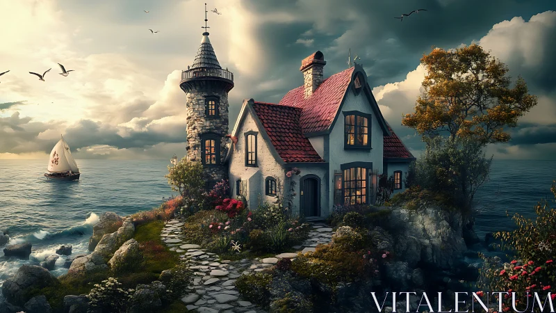 Coastal Lighthouse Cottage on Rocky Cliff with Tower