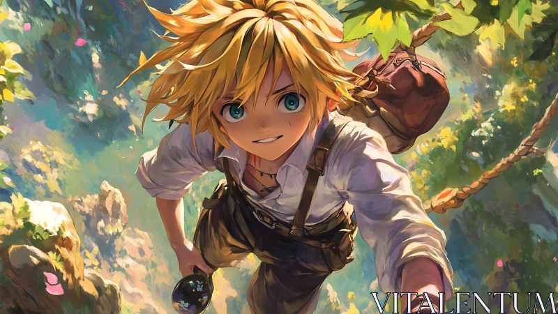 Bright‑eyed forest adventurer climbing sunlit rope bridge.