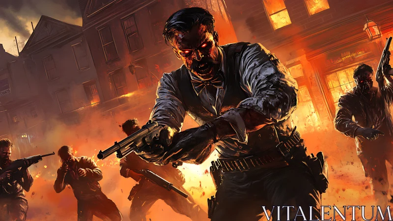 Gun-toting undead charge through a burning small-town street