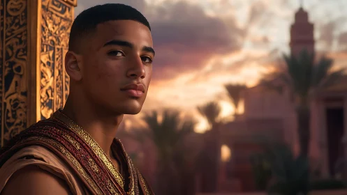 Sunlit warrior in patterned robe against desert citadel backdrop.