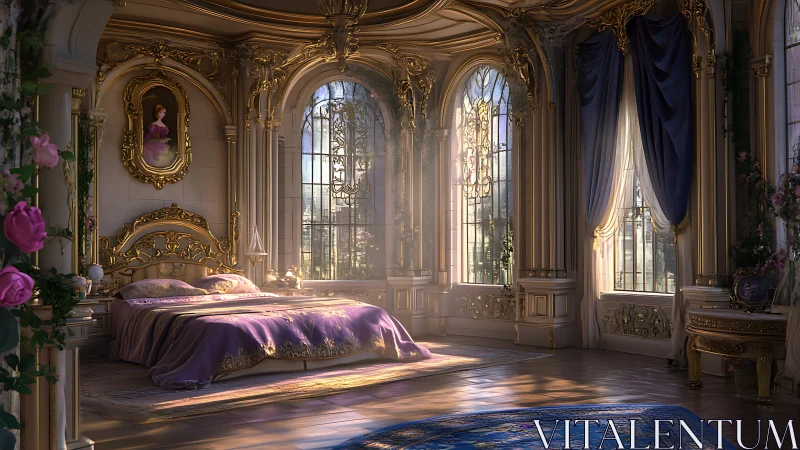 Opulent rococo bedroom interior with ornate bed and windows