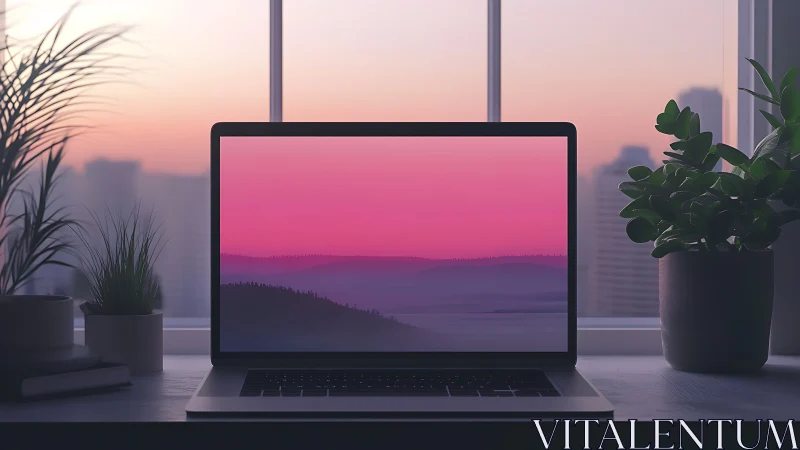 Minimalist laptop workspace with pink gradient skyline.