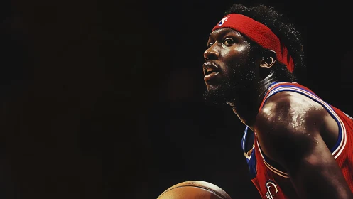 Intense basketball portrait under dramatic arena lighting.
