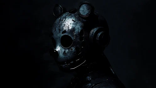 Corroded animatronic bear silhouette renders dystopian tension