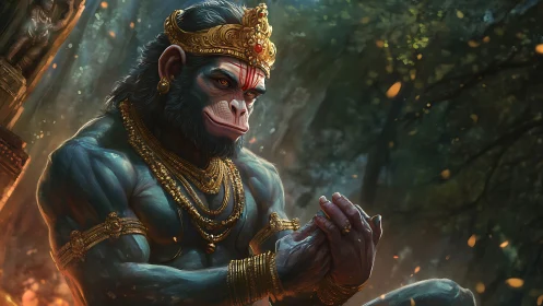 Divine monkey warrior in jeweled crown amid glowing forest.