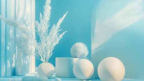 Soft blue still life with glowing orbs and feathery stems.