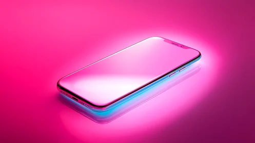 Modern smartphone rendered in vibrant pink neon environment.