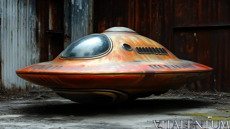 Rust-colored disc-shaped vehicle in industrial yard.