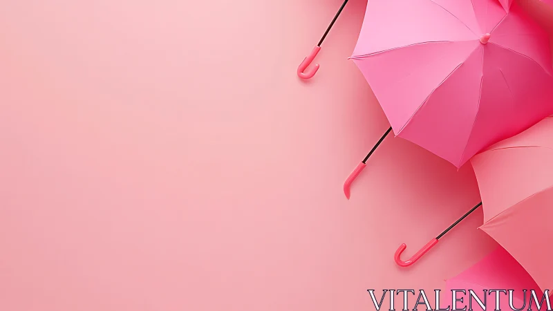 Pink umbrellas line a soft pastel background with minimalism.