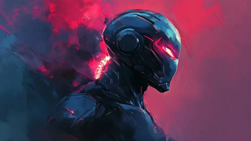 Armored humanoid figure in neon red and blue digital scene.