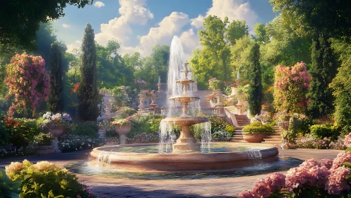 Sunlit tiered stone fountain anchors lush formal garden