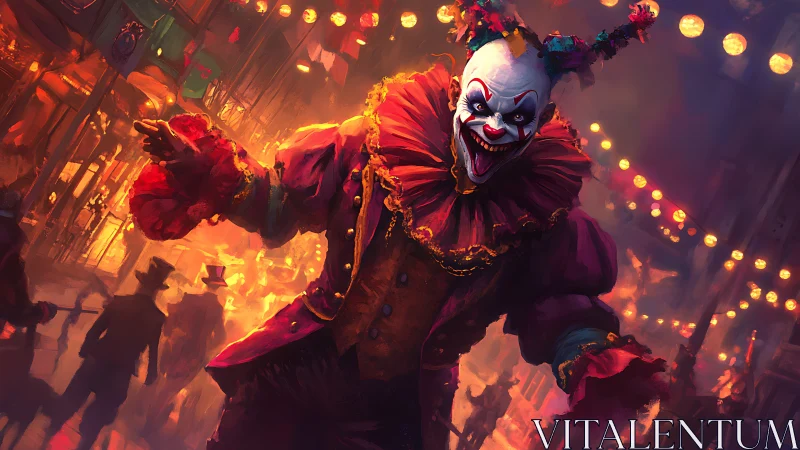Sinister carnival clown lunges forward under burning lights
