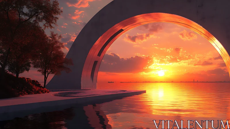 Sunset framed by modern waterfront concrete archway.