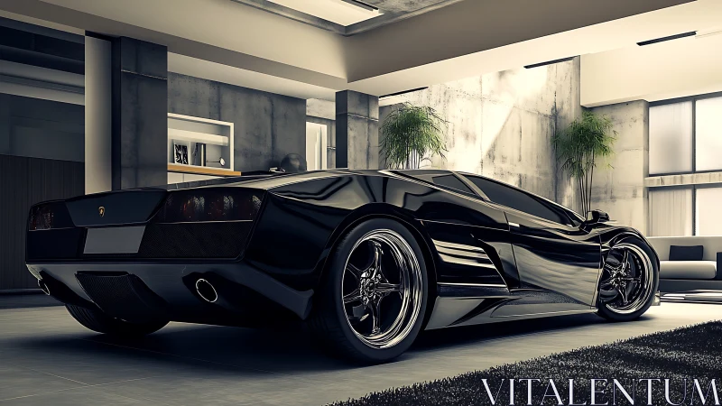 Sleek black supercar resting in a chic concrete loft.