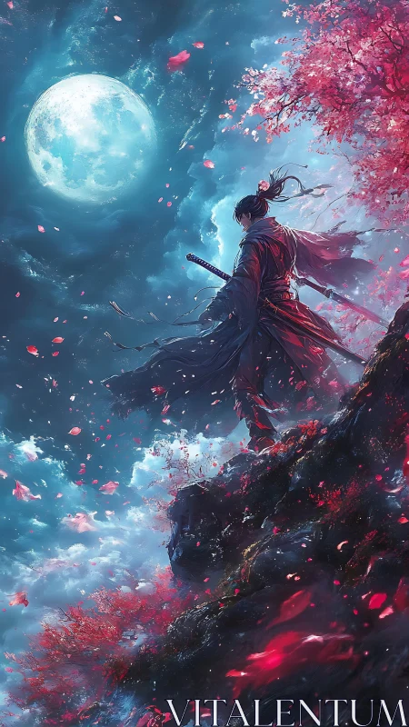 Moonlit samurai beneath drifting cherry blossom winds.