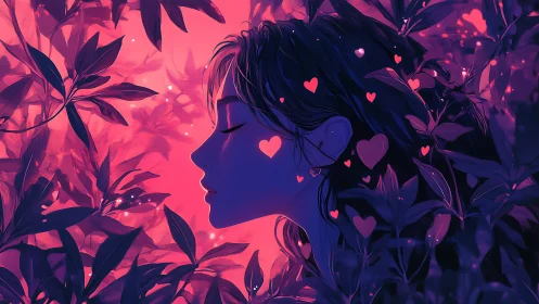 Dreamy profile silhouette in glowing neon foliage night.